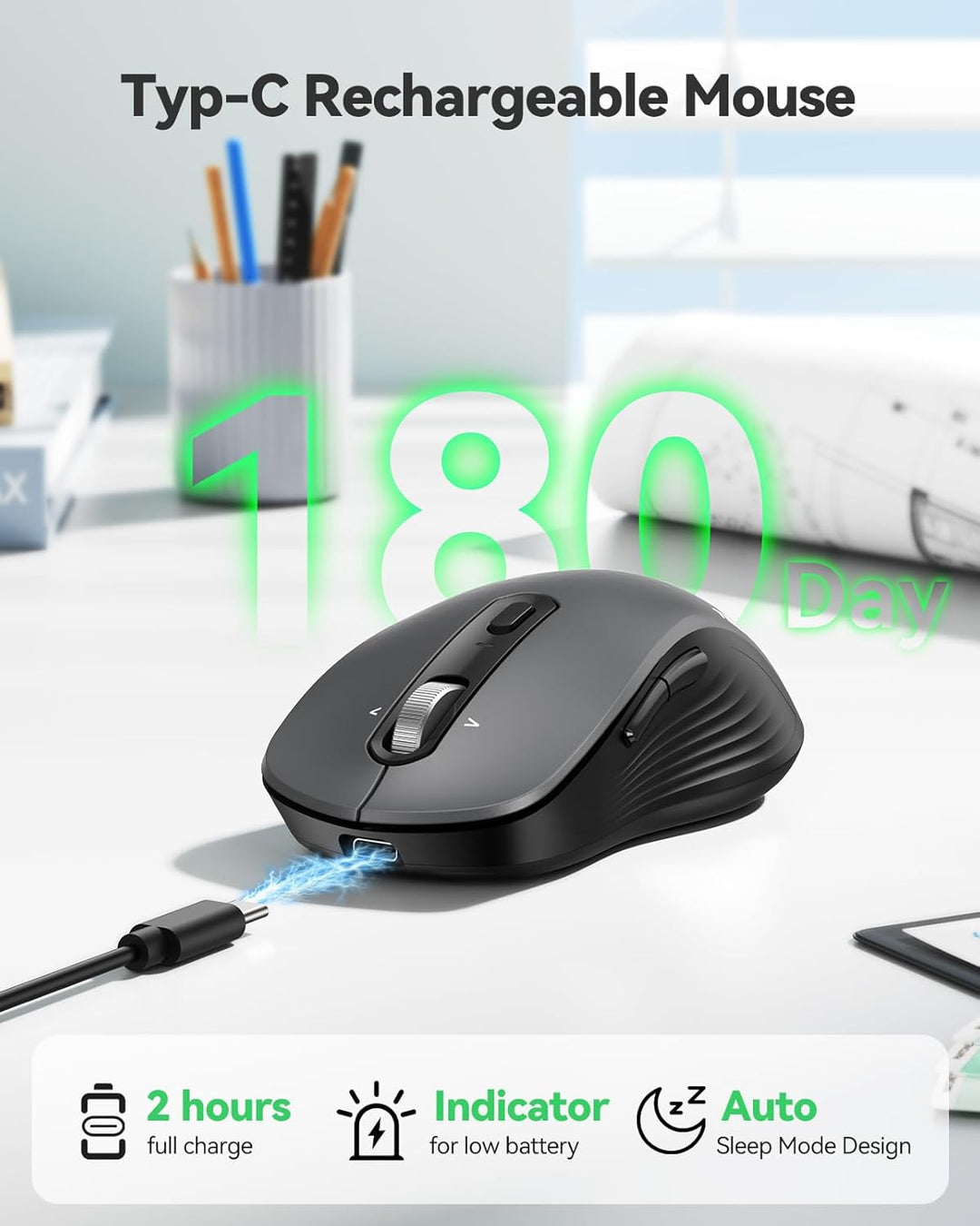 TECKNET Ratón Bluetooth recargable, [USB + BT5.0 + BT3.0], mouse in...