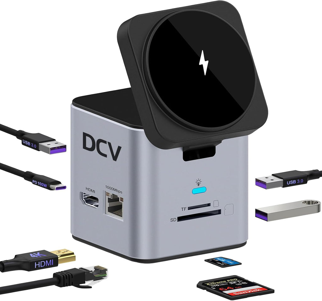 Estación de acoplamiento USB C para laptop con soporte de cargador MagSafe, adaptador multipuerto USB C Hub 9 en 1 con HDMI 4K, Ethernet de 1 Gbps, 3 USB 3.0, SD/TF, compatible con MacBook/Dell/HP