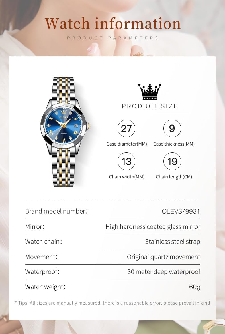 OLEVS Reloj Analógico de Cuarzo para Mujer, Acero Inoxidable Plateado de Dos Tonos, Moda, Resistente al Agua, Luminoso, con Fecha y Día, Relojes de Pulsera para Damas