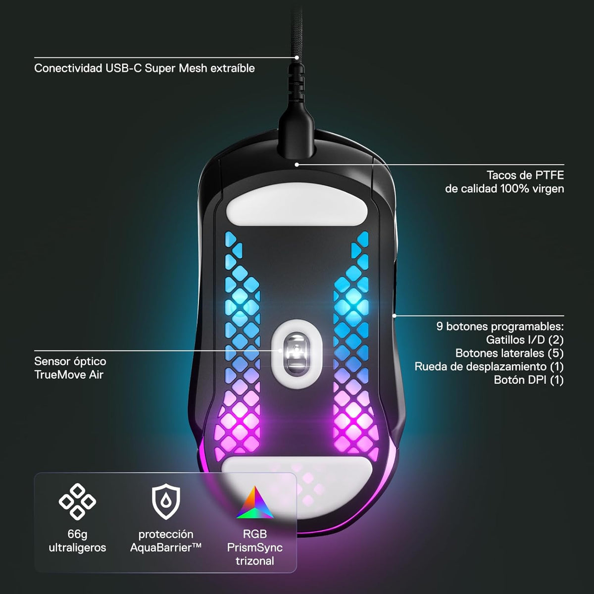 SteelSeries Aerox 5 - Ratón gaming RGB con perforaciones - Diseño u...