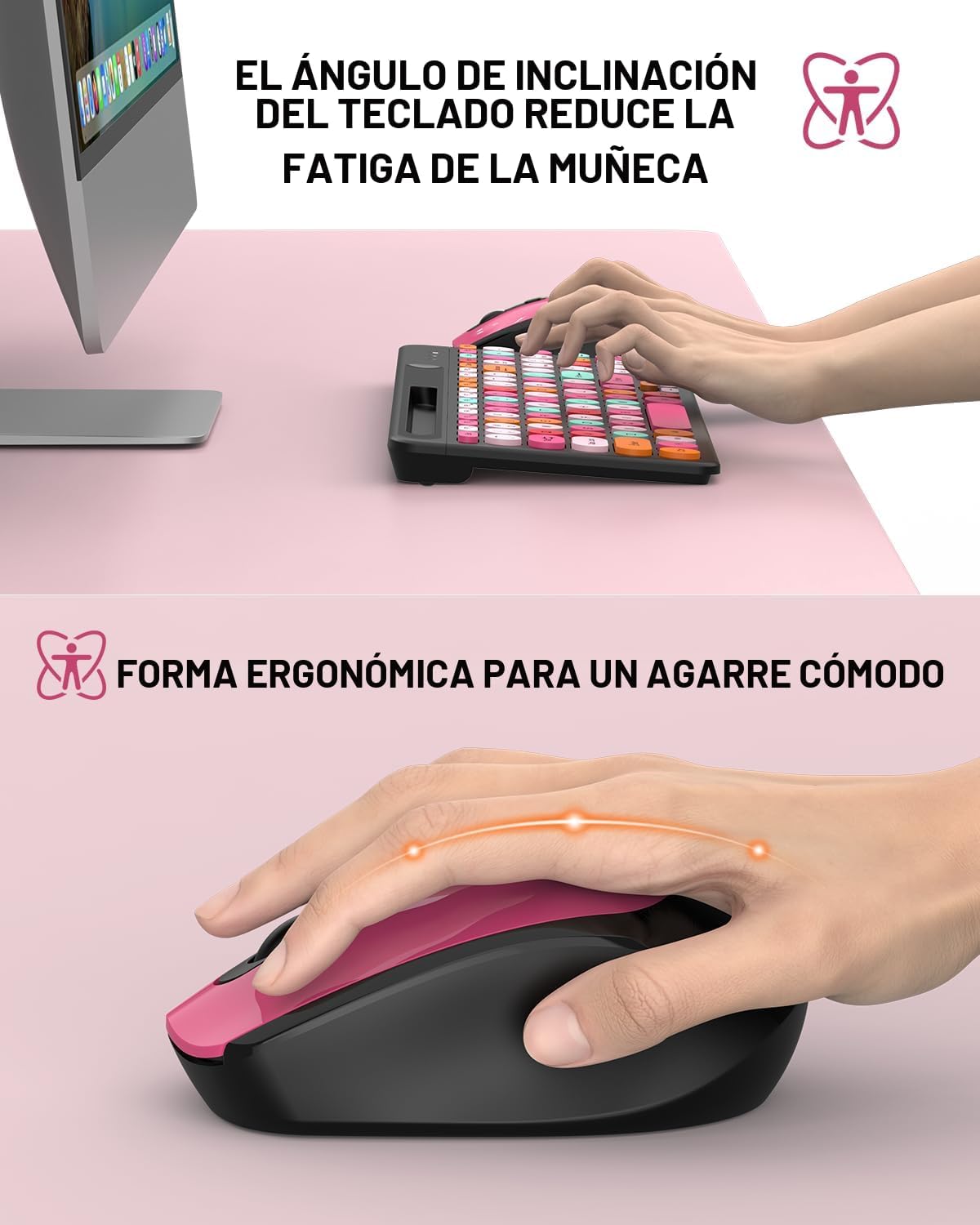 Colorido combo de teclado y mouse inalámbricos, teclas redondas, te...