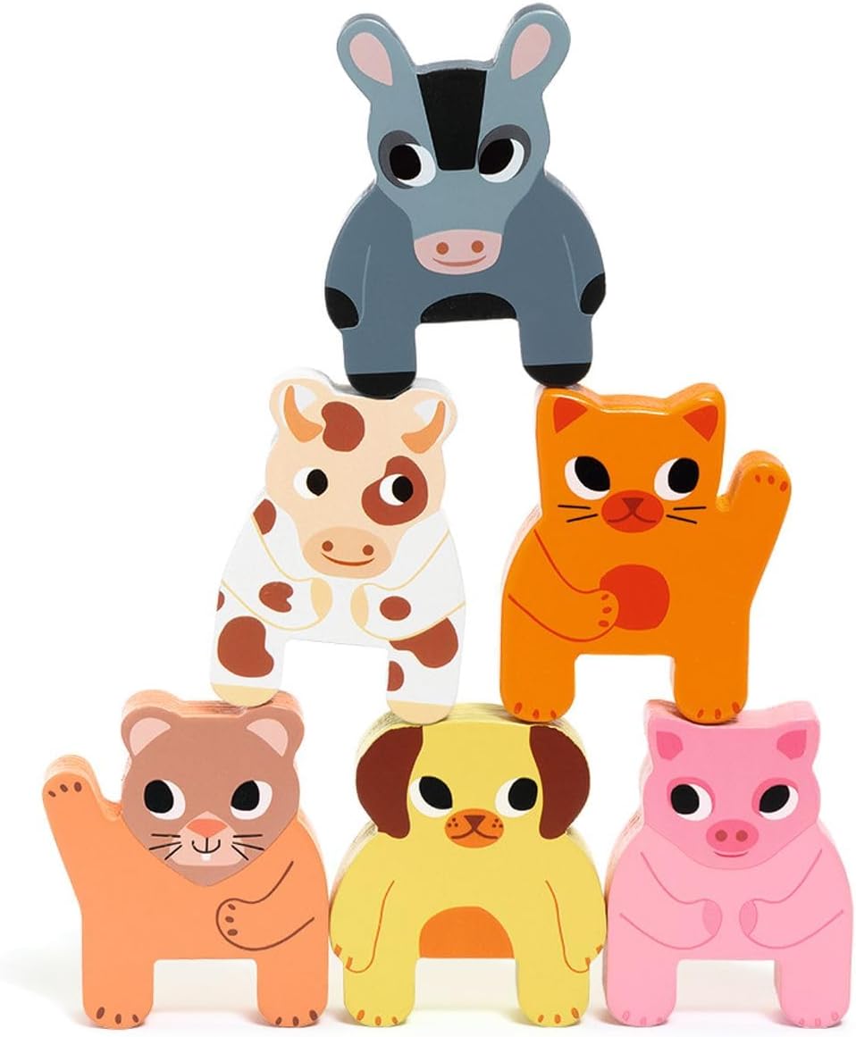 DJECO Trainimo Farm, tren de madera para niños pequeños, animales apilables