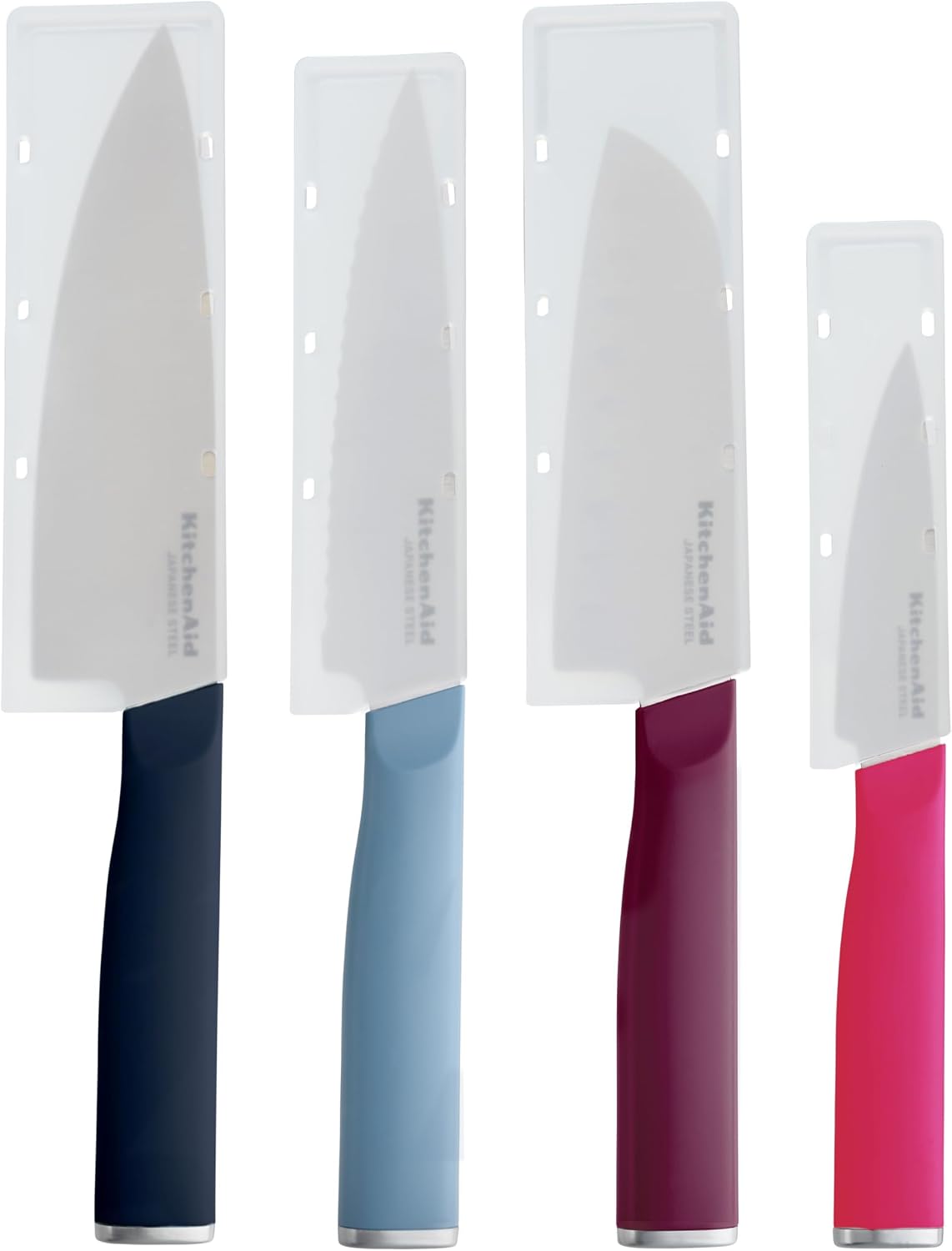 KitchenAid Juego de cuchillos de chef de 4 piezas con cubiertas de cuchilla, cuchillo de chef de 6 pulgadas, Santoku de 5 pulgadas, utilidad dentada de 5.5 pulgadas, acero japonés para pelar de 3.5 pulgadas, colores surtidos