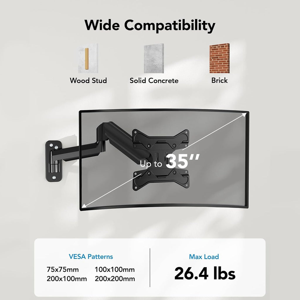 HUANUO Soporte de pared para monitor de computadora para pantallas de 22"-35", brazo de monitor de montaje en pared para juegos con capacidad para hasta 26.4 libras, soporte Vesa con inclinación, giro