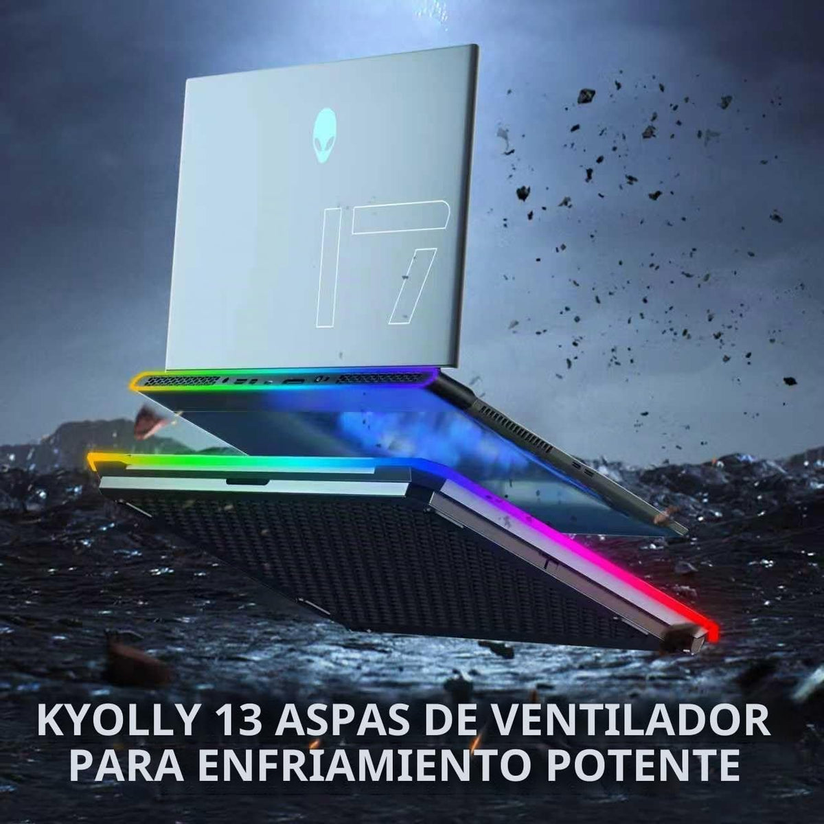 Enfriador de laptop para juegos con 13 ventiladores ultra silenciosos, pantalla LCD y RGB multicolor, 10 modos de iluminación, 9 alturas ajustables, puertos USB duales, soporte de teléfono integrado para portátiles de 15 a 21 pulgadas en escritorio o rega
