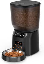 Comederos automáticos para gatos para dos gatos, dispensador automático doble de comida para gatos de 5 litros/20 tazas con 2 cuencos inoxidables, ajuste de temporizador, 20 porciones, 6 comidas por