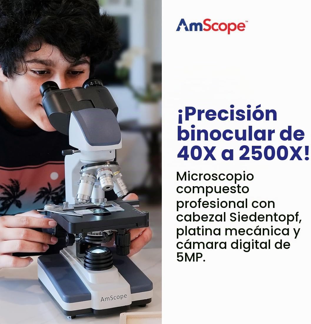 AmScope Serie B120 Microscopio compuesto binocular LED para estudiantes y profesionales - aumento 40X-2500X - Incluye cámara USB de 5MP y cabezal Siedentopf