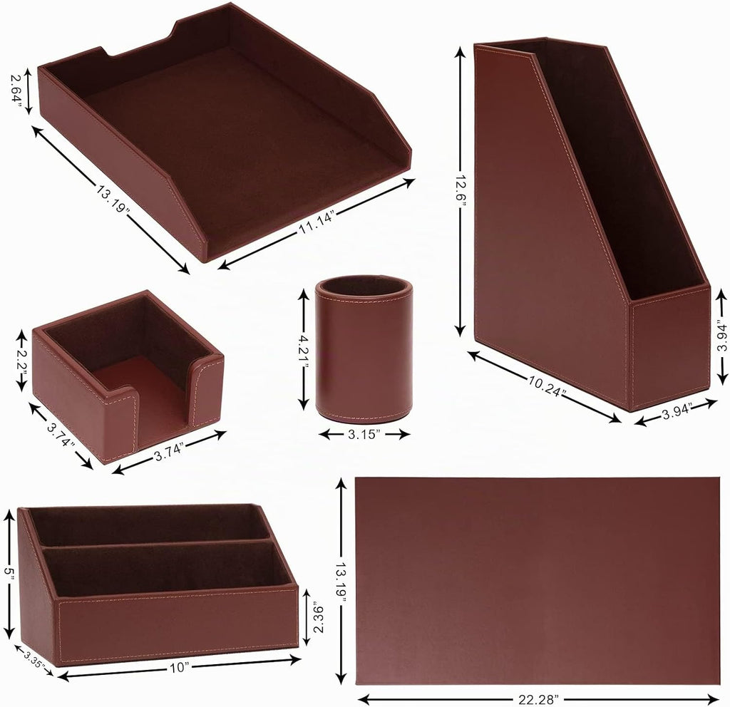 Juego de 6 piezas de suministros de oficina/organizador de escritorio con almohadilla de escritura de cuero para escritorio, bandeja de papel para archivos, soporte para carpeta de revistas, vaso para