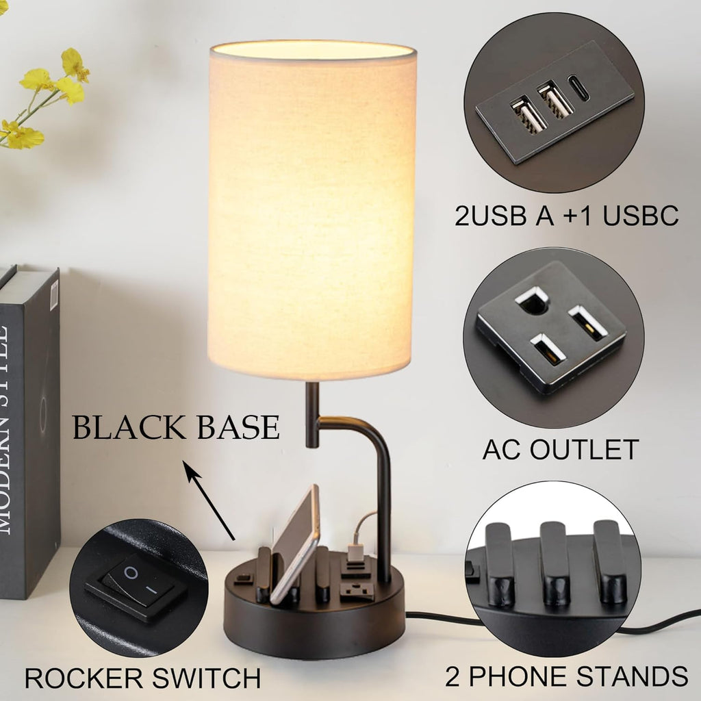 Lámpara Dreamholder Lámpara de mesa con 3 puertos de carga USB, moderna lámpara de escritorio con toma de CA y soportes para teléfono, lámpara de noche perfecta para dormitorio, sala de estar, oficina