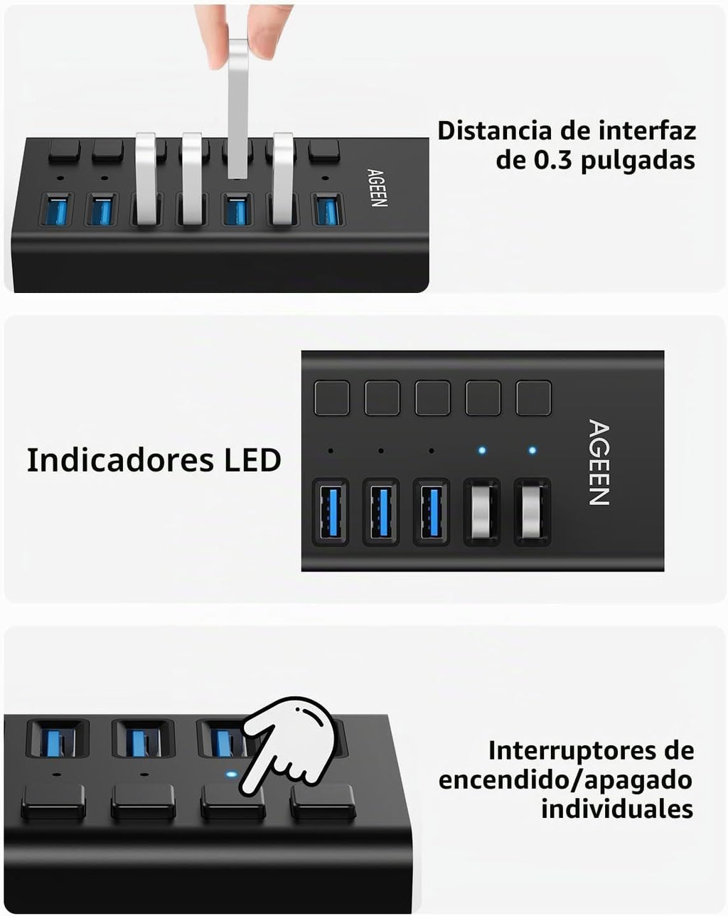 AGEEN, hub USB 3.2 de 7 puertos, alimentado, adaptador 12V/2A
