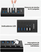 AGEEN, hub USB 3.2 de 7 puertos, alimentado, adaptador 12V/2A