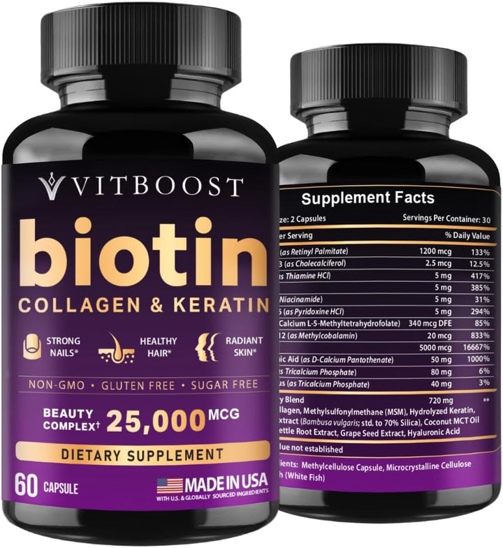 VITBOOST Biotina con ácido hialurónico, colágeno y queratina, 25000...