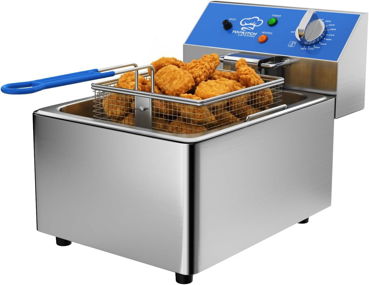 TOPKITCH Freidora Eléctrica Profunda de 6L con Envase de Aceite Extraíble y Asa, Cesta de Malla de Alambre Sólido y Tapa, Freidoras Comerciales Ligeras para Encimera - 120V 1800W
