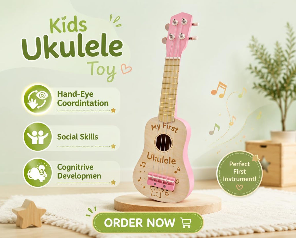 Ukulele de Madera para Niños de 17 Pulgadas, Rosa