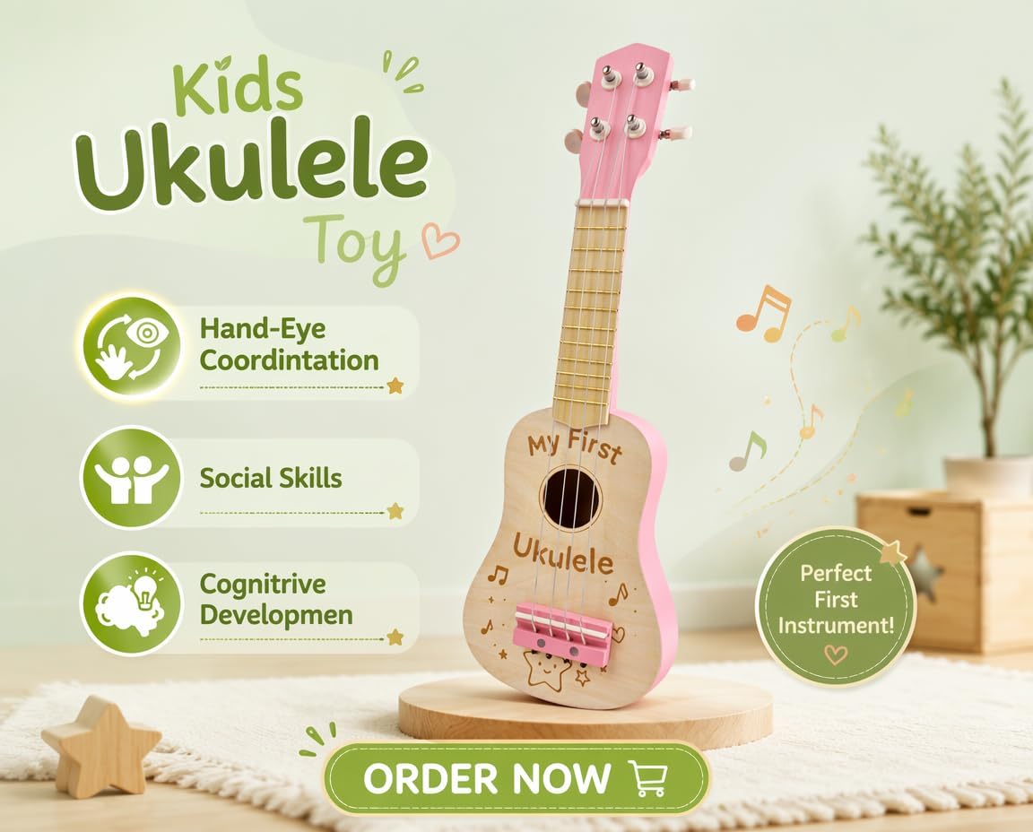 Ukulele de Madera para Niños de 17 Pulgadas, Rosa