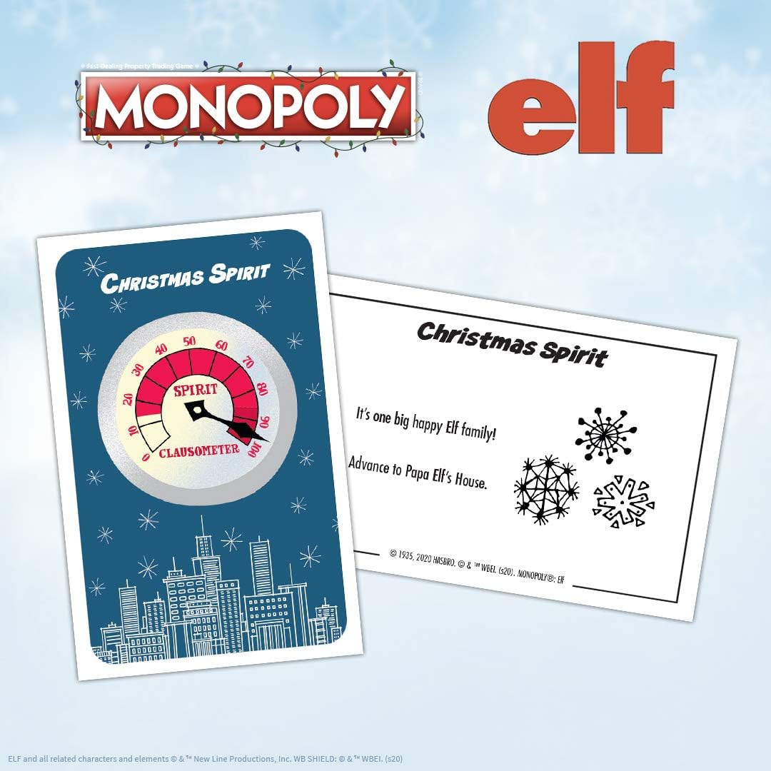 Monopoly Elf | Basado en la comedia navideña Elf | Juego de monopolio coleccionable con lugares familiares y momentos icónicos | Monopoly oficialmente licenciado