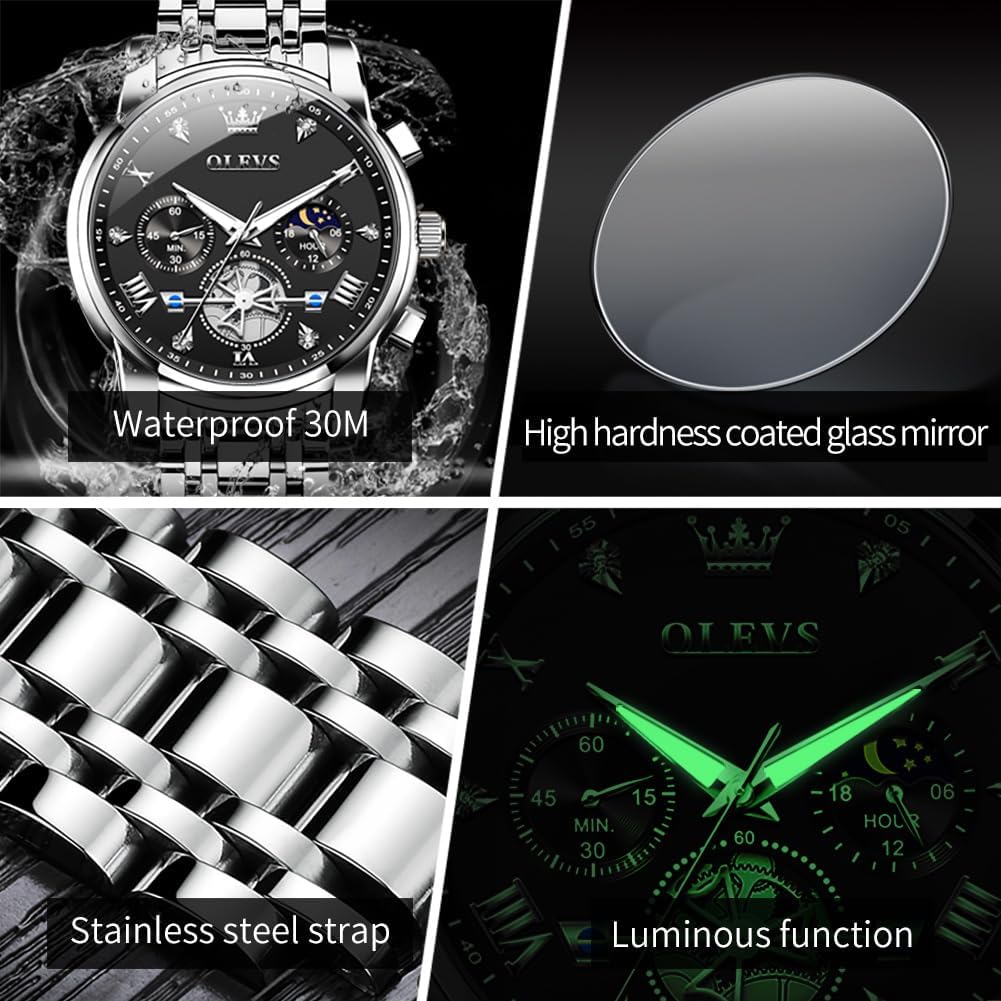 OLEVS Relojes para hombres Luxurious vestimenta acero inoxidable resistente al agua cronógrafo
