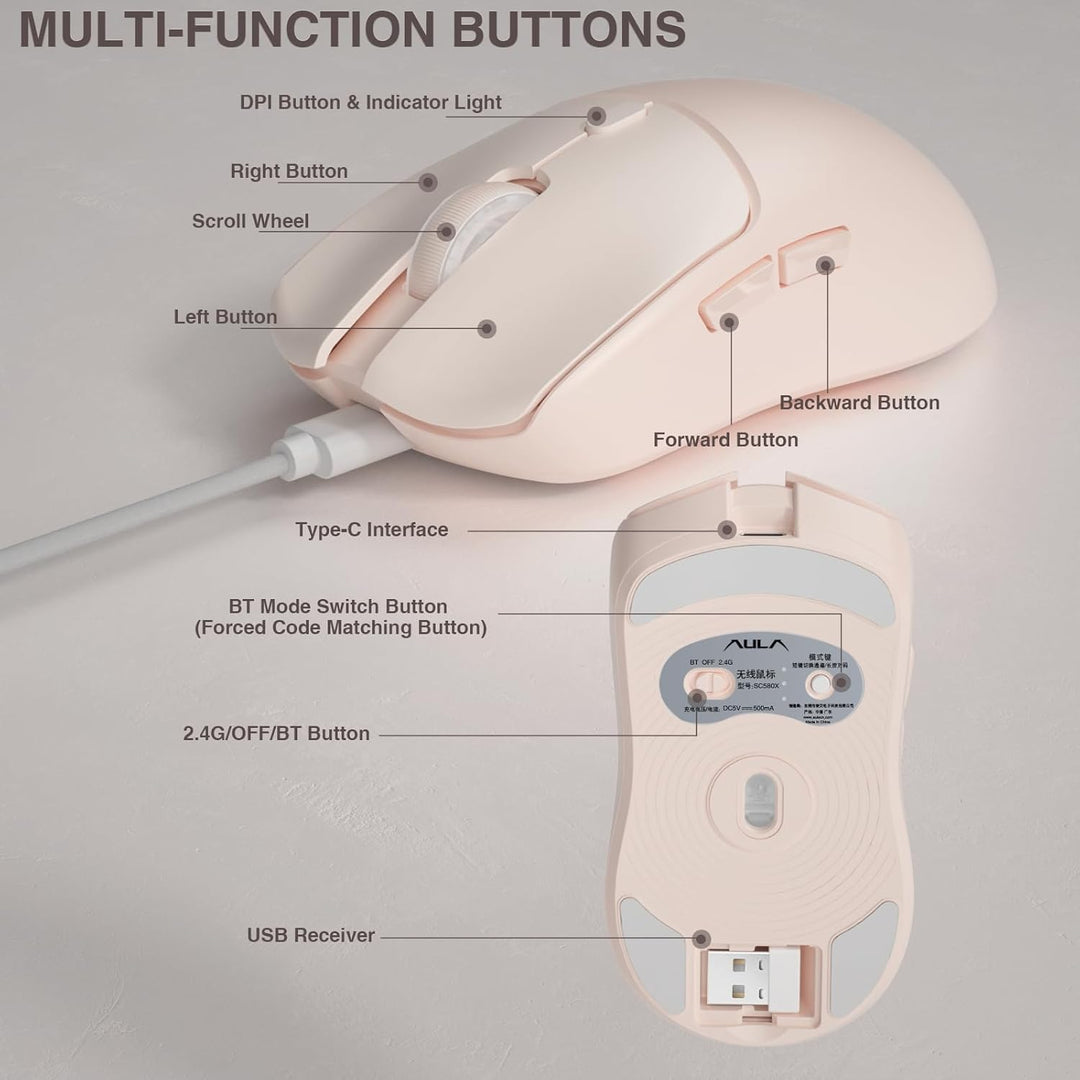 AULA SC580X - Ratón inalámbrico para juegos, triple modo 2.4G\/BT5....