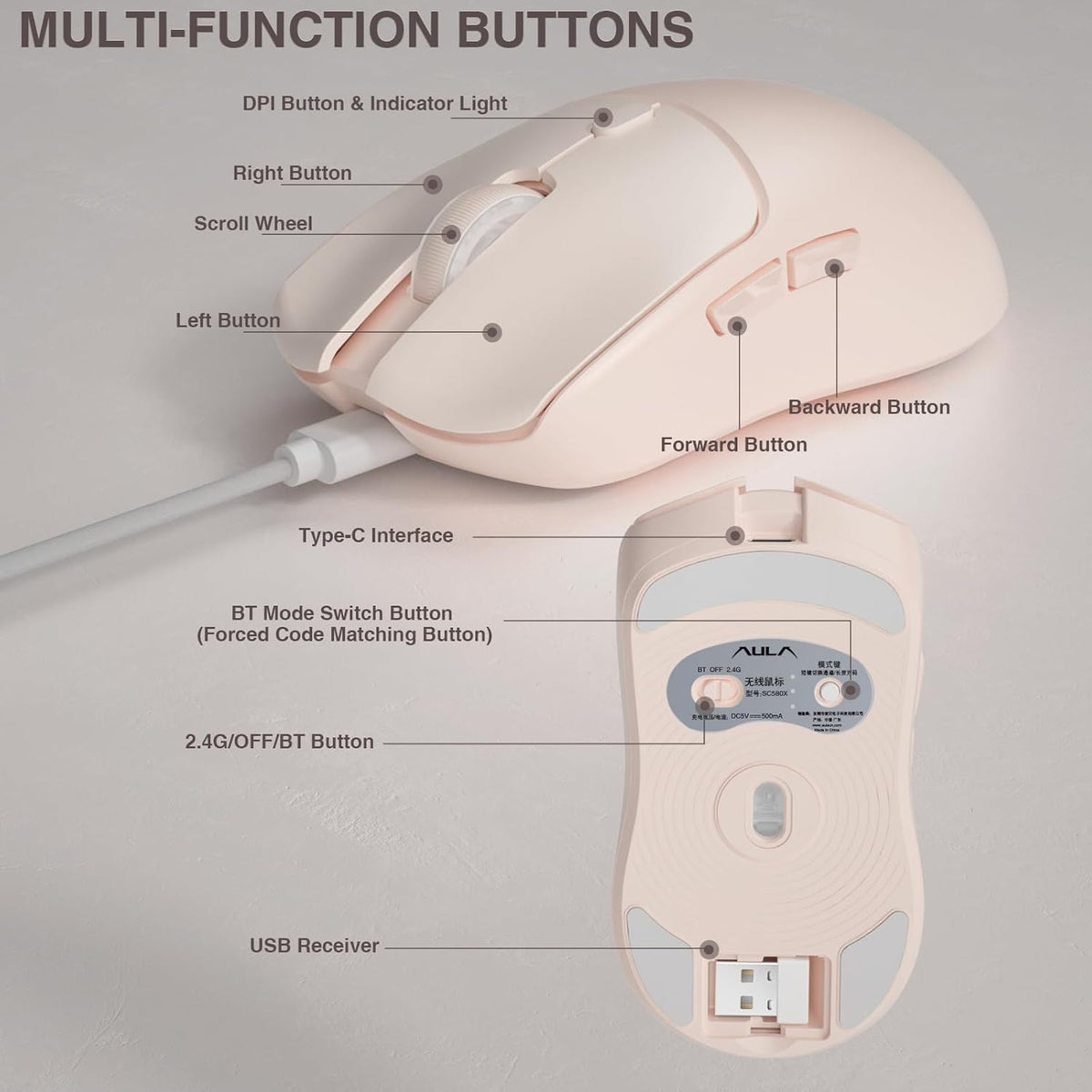 AULA SC580X - Ratón inalámbrico para juegos, triple modo 2.4G\/BT5....
