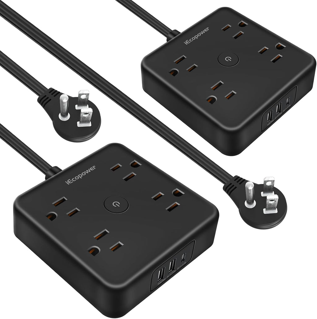 Paquete de 2 regletas de alimentación de enchufe ultra plano, regletas de alimentación con 4 tomas amplias, cable de extensión de enchufe plano de 6 pies con 3 puertos USB (1 puerto USB C), estación de carga de escritorio delgada, color negro
