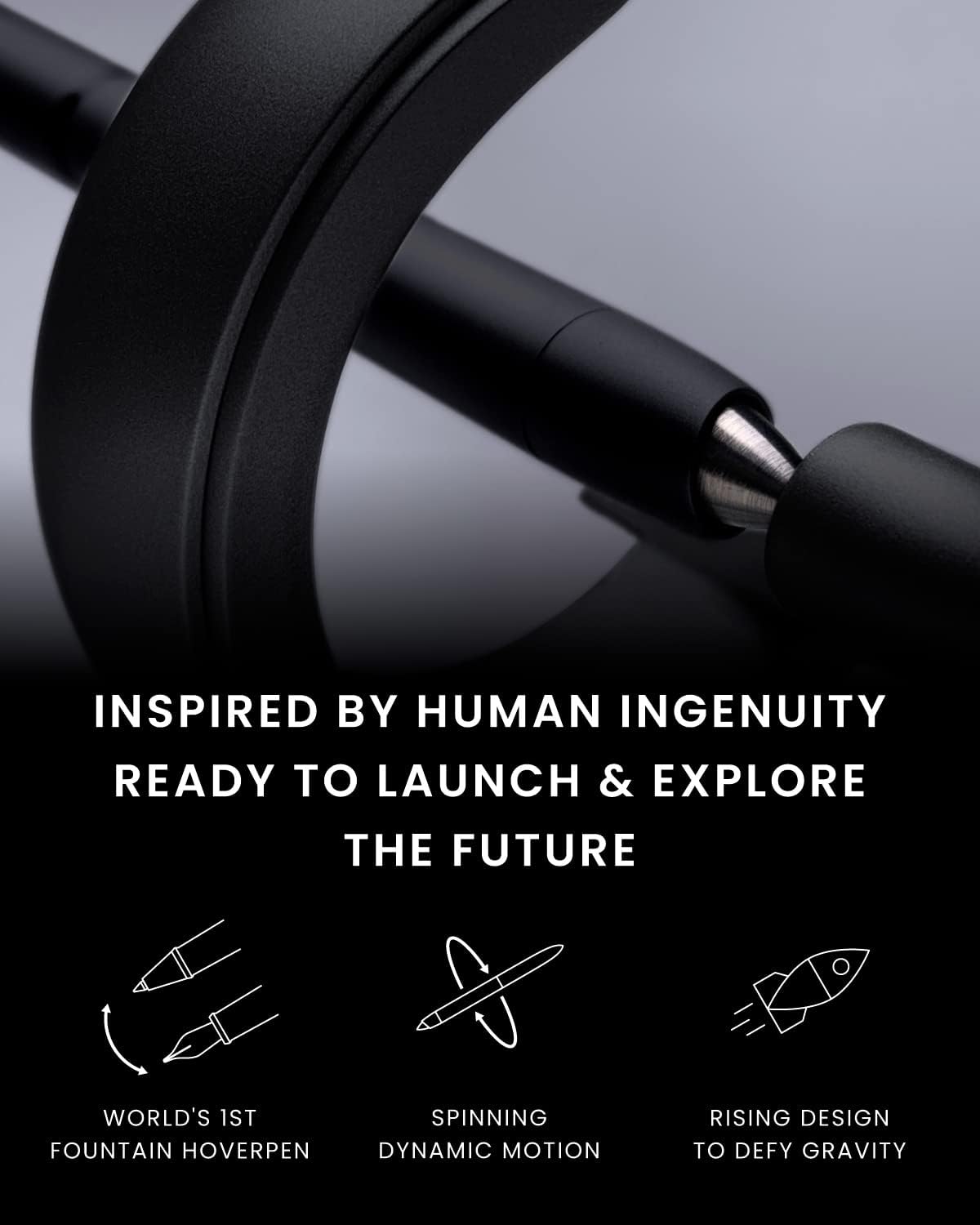 novium Hoverpen Future - Pluma Estilográfica de Lujo, Aguja Schmidt (Punta Fina), Convertidor, Recambio Extra, Estética Futurista, Metal Aeroespacial, Mejor Set de Regalo de Pluma para Hombres y Mujeres (Deep Black)