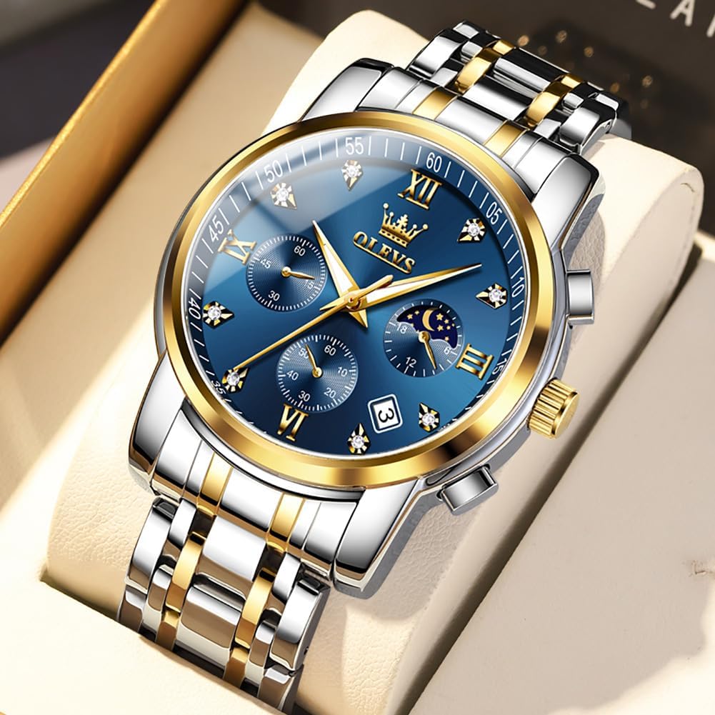 OLEVS Reloj para Hombre Diamante Negocios Vestimenta Analógico Acero Inoxidable a Prueba de Agua Lúmina Fecha Dos Tonos Lujo Casual de Muñeca