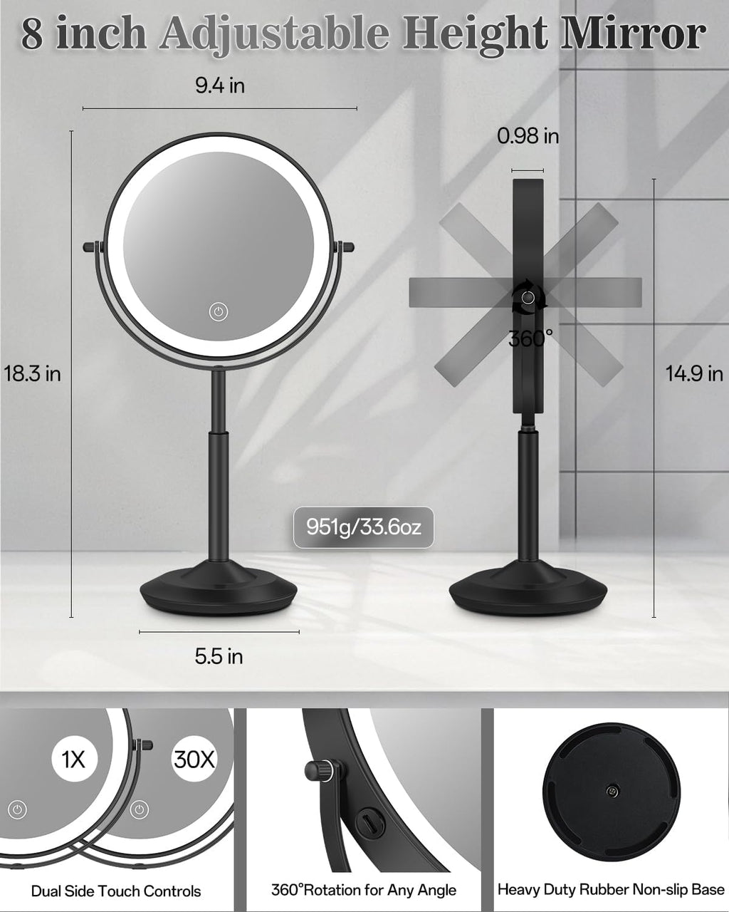 Espejo de maquillaje iluminado de 8 pulgadas con luz, espejo ajustable de