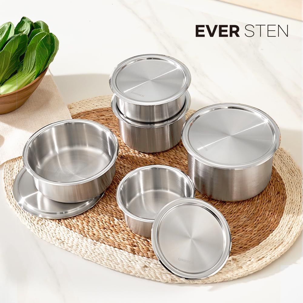 CaKE - 5 recipientes de acero inoxidable para almacenamiento de alimentos con tapas, juego de 5 recipientes para electrodomésticos de cocina, aptos para lavavajillas, Corea del Sur