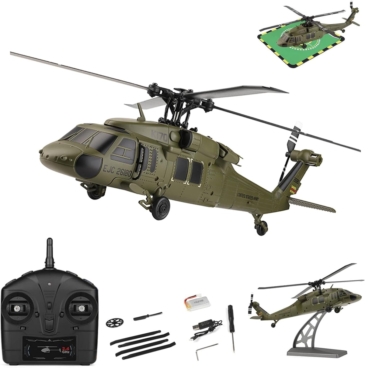 GoolRC Helicóptero RC sin escobillas, helicóptero de control remoto WLtoys K170, avión RC militar de 4 canales con giroscopio de 6 ejes, fácil de volar para adultos y principiantes