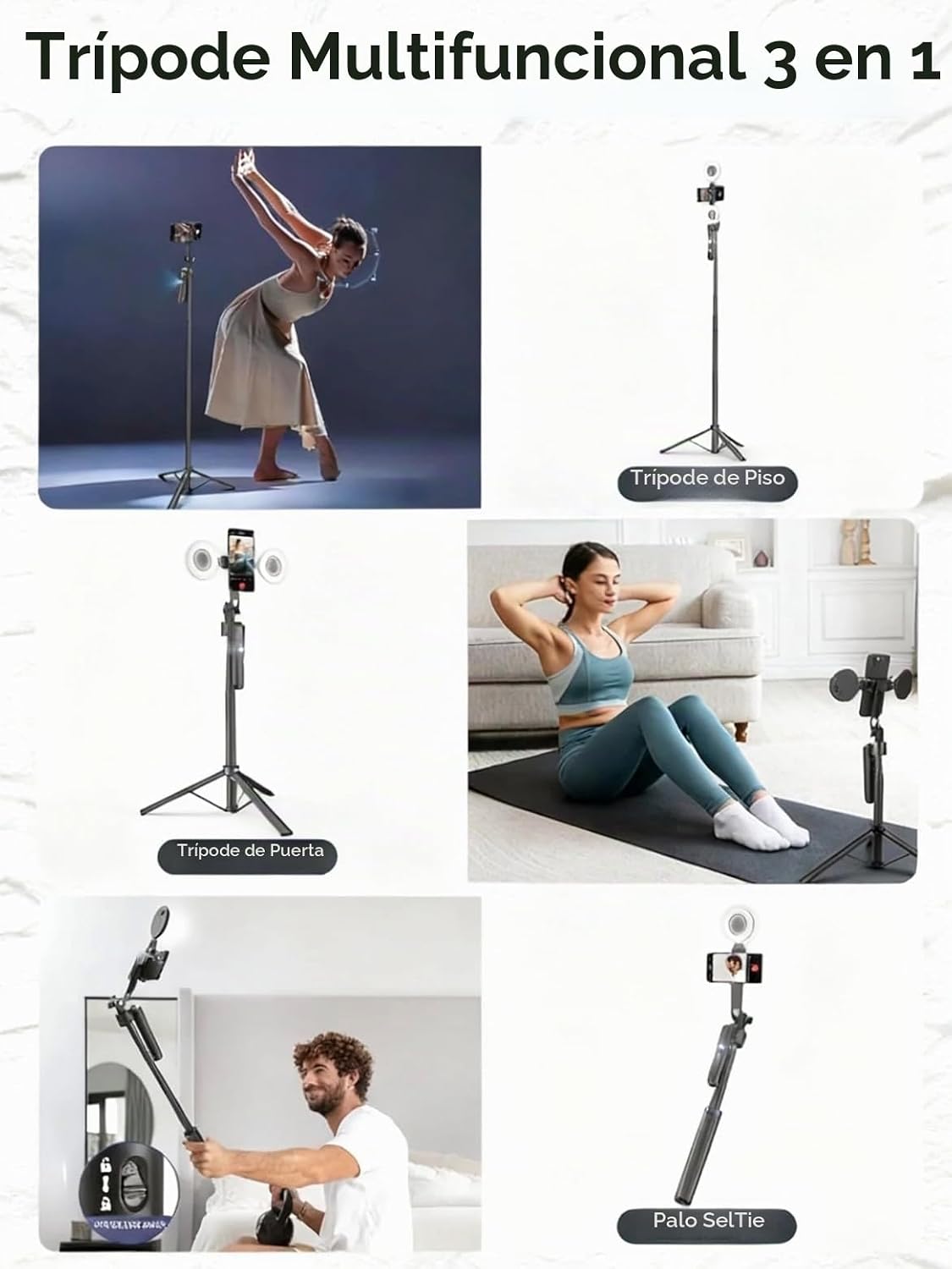Trípode negro para iPhone con luz, soporte de luz de anillo para iPhone, soporte ajustable para selfie stick con luz de relleno, trípode extensible para teléfono para grabación de video, transmisión en vivo y fotografía