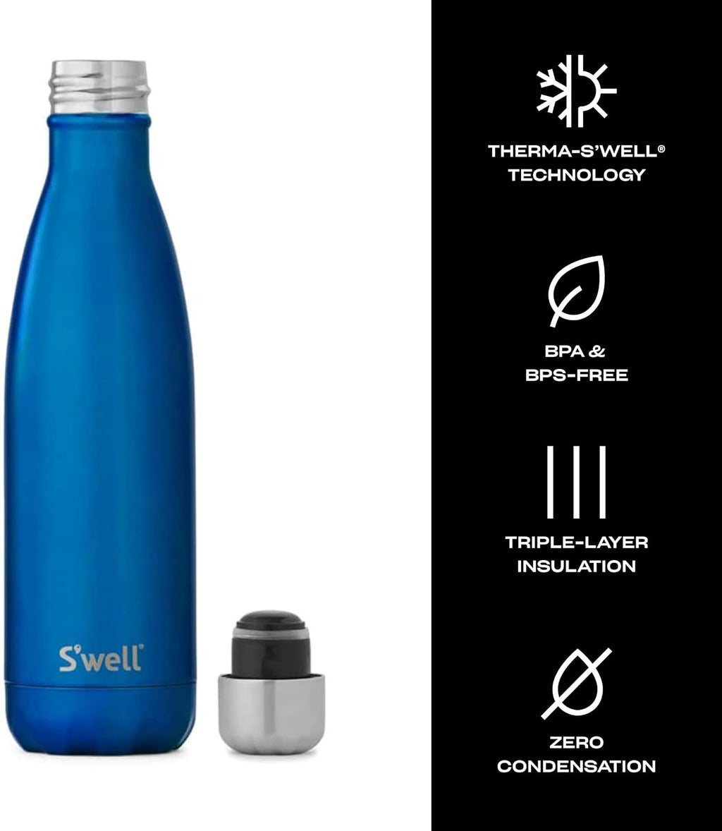 S'well Botella de agua de acero inoxidable, 17 onzas, azul océano, recipientes aislados al vacío de triple capa que mantiene las bebidas frías durante 36 horas y calientes durante 18, sin BPA