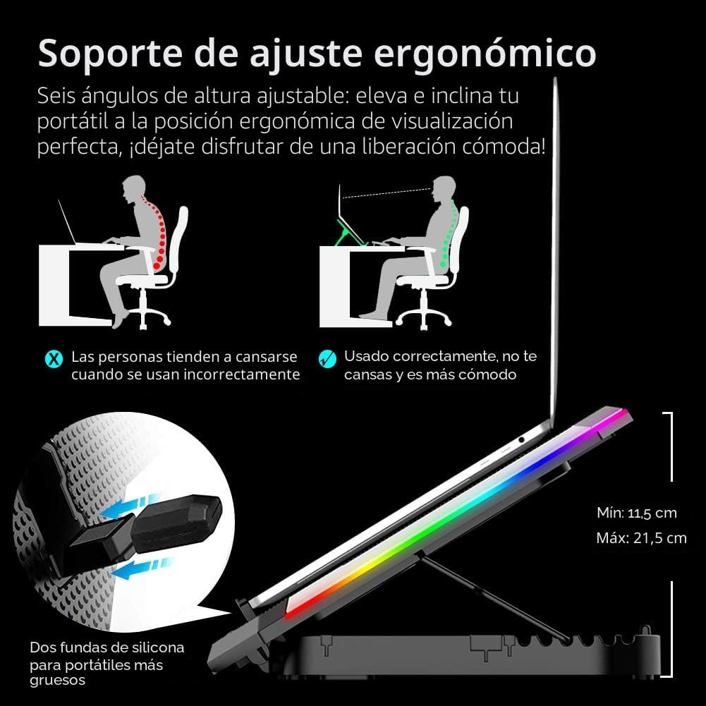 Almohadilla de enfriamiento para laptop de juegos de 15-17.3 pulgadas, ventilador para laptop con 6 ventiladores de enfriamiento RGB, soporte de enfriamiento para laptop con 6 ajustes de