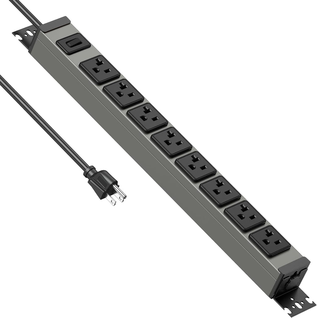 Regleta de alimentación resistente para montaje en pared, protector de sobretensiones de 20 amperios 1200J de metal, 8 salidas debajo del escritorio, 20A, toma de mesa eléctrica de garaje, enchufes industriales 6-20R ranura en T, cable de extensión de 10