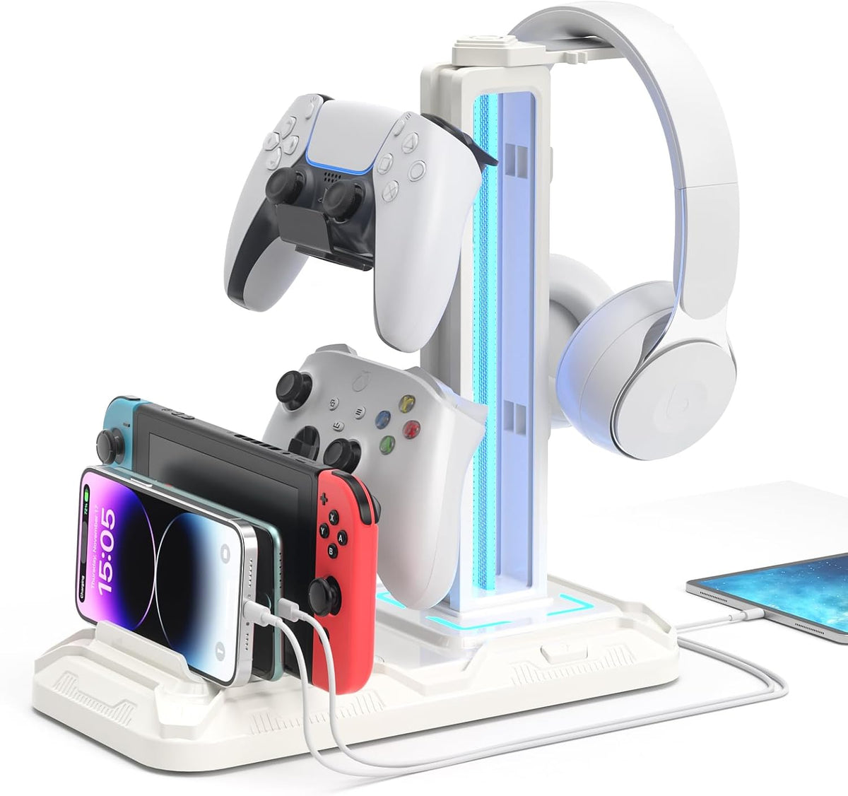 Soporte para Auriculares KDD con Estación de Carga - Soporte Desmontable para Controlador con 9 Modos de Iluminación - Percha Giratoria para Auriculares con Puertos Cargador USB A y C - Gancho para Audífonos para Almacenamiento de Accesorios de Juego para