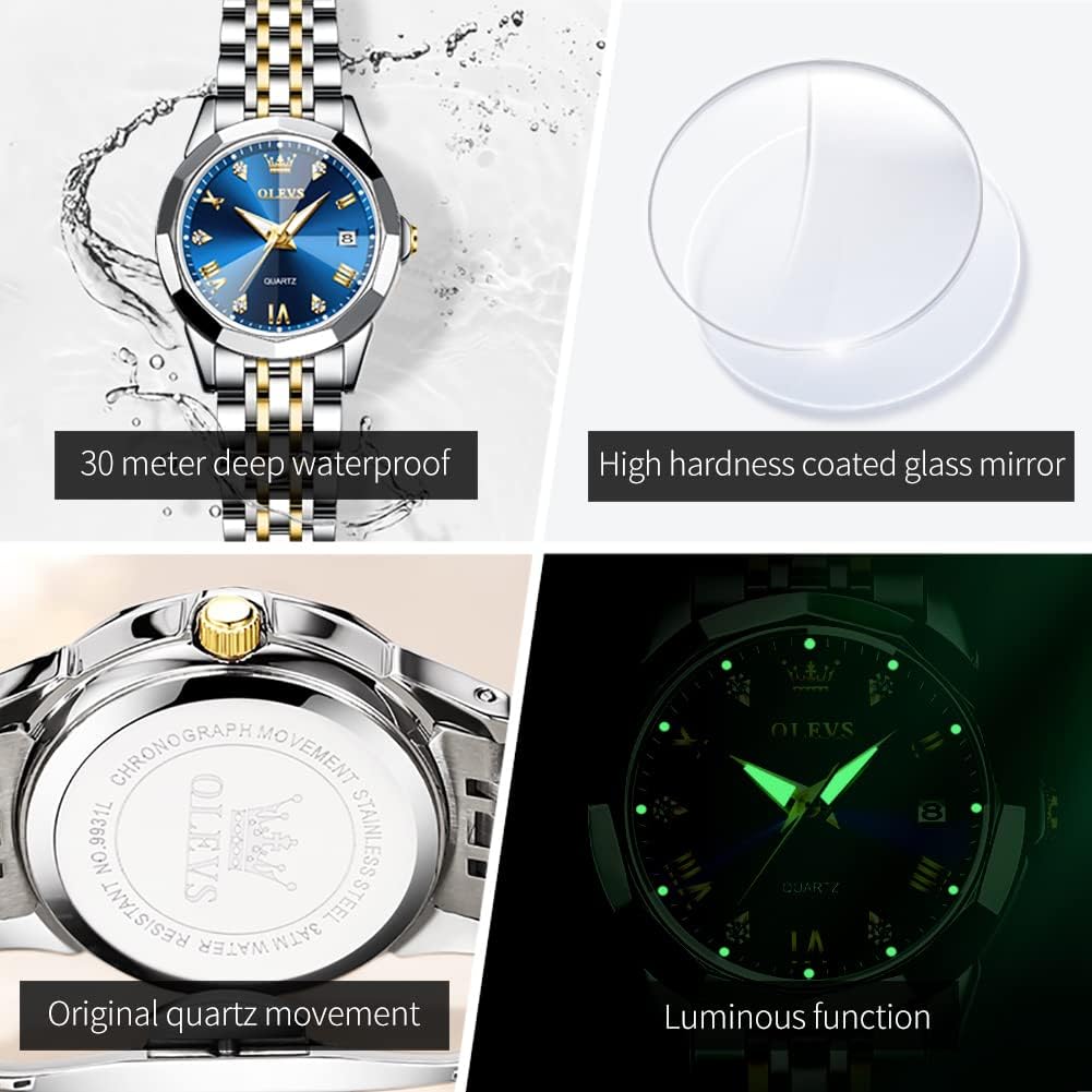 OLEVS Reloj Analógico de Cuarzo para Mujer, Acero Inoxidable Plateado de Dos Tonos, Moda, Resistente al Agua, Luminoso, con Fecha y Día, Relojes de Pulsera para Damas