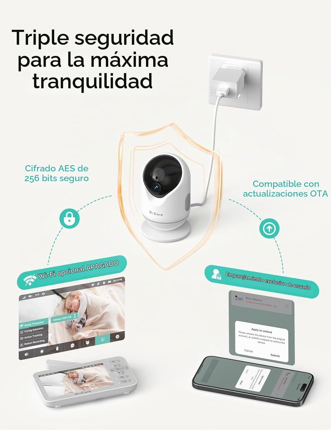 Dr.Care VistaView Lite Smart WiFi Monitor para bebé con 2 cámaras, 4" 720P