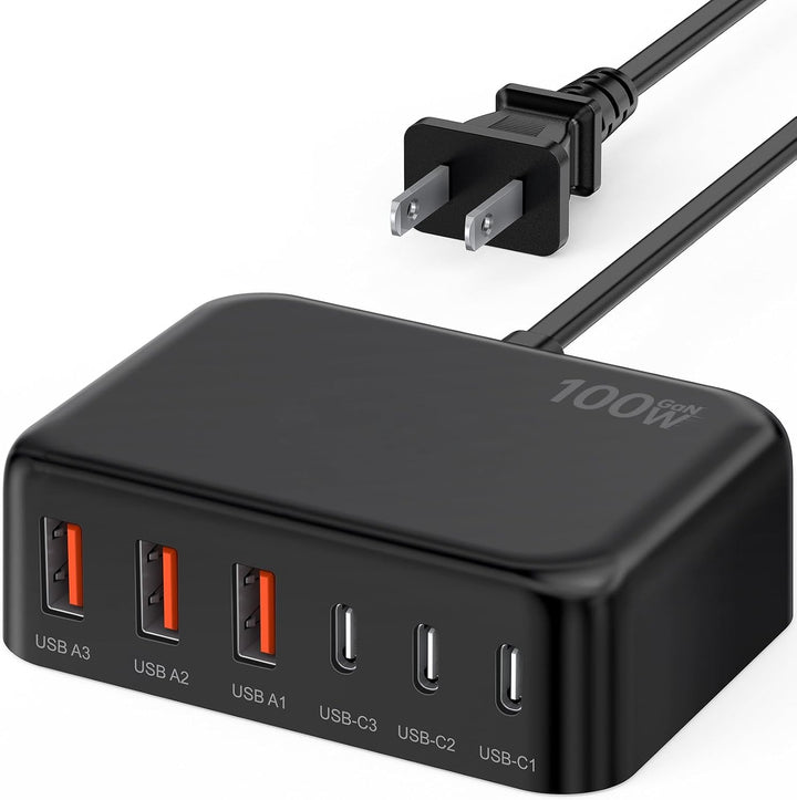 Cargador USB C Rápido, 100W GaN Estación de Carga de 6 Puertos Tipo C Hub Bloque Cubo, para iPad iPhone 17 16 15 14 13 12 Pro Max Pixel Note