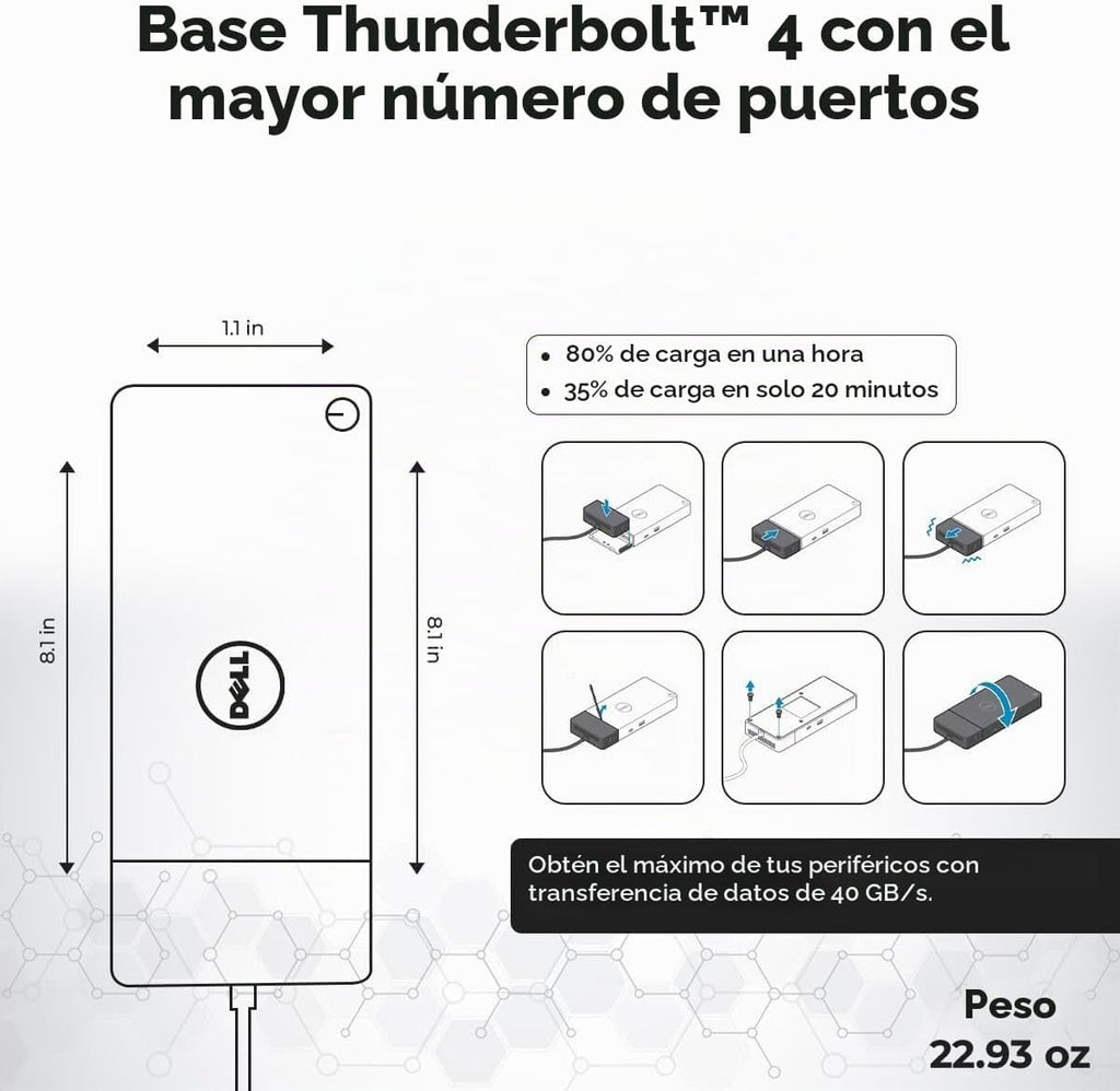 WD22TB4 Thunderbolt 4 Dock Bundle – 40Gbps USB-C/USB A, 1 año de garantía con adaptador de 180 W, Anyhdd HDMI, DP, cable USB-C y tela – Estación de acoplamiento