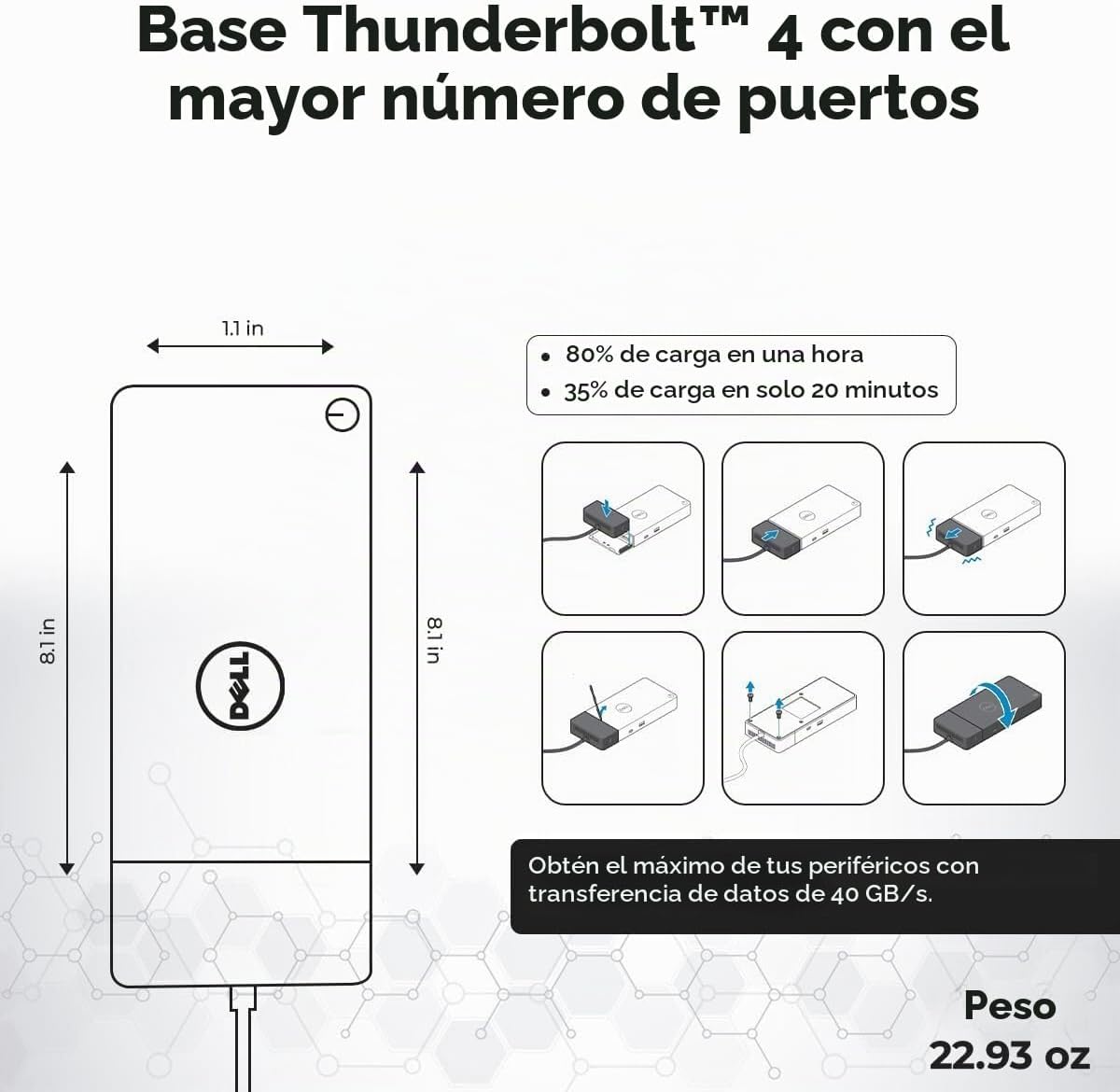 WD22TB4 Thunderbolt 4 Dock Bundle – 40Gbps USB-C/USB A, 1 año de garantía con adaptador de 180 W, Anyhdd HDMI, DP, cable USB-C y tela – Estación de acoplamiento