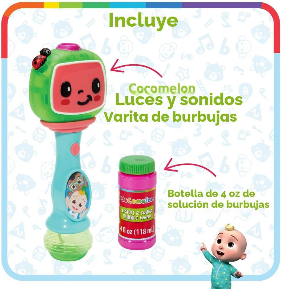 Little Kids Cocomelon - Varita musical de burbujas con luz y sonido, incluye solución de burbujas