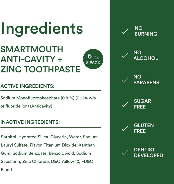 SmartMouth Pasta de dientes anticaries + zinc, flúor para la preven...