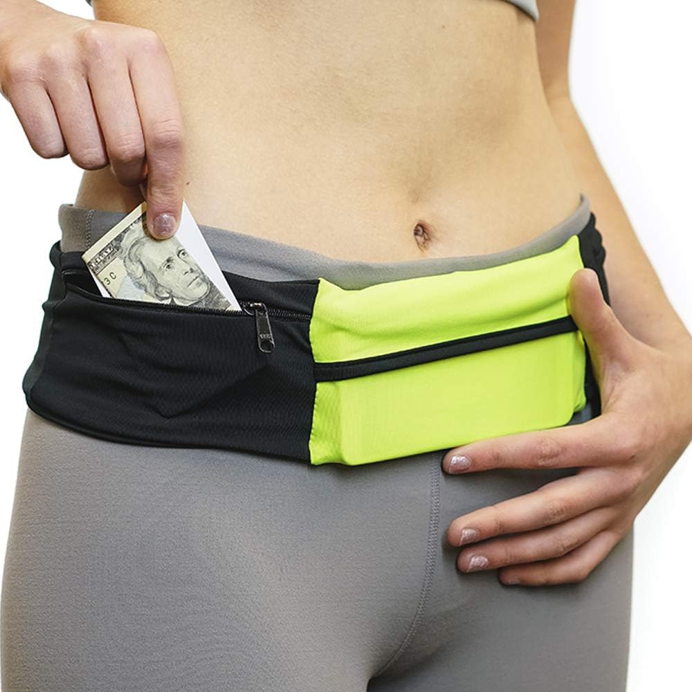 Riñonera ajustable de 3 bolsillos para correr, riñonera para entrenar con respaldo resistente al sudor, soporta todos los modelos de iPhone, HiViz/Negro, Cinturón para correr de 3 bolsillos versión 1