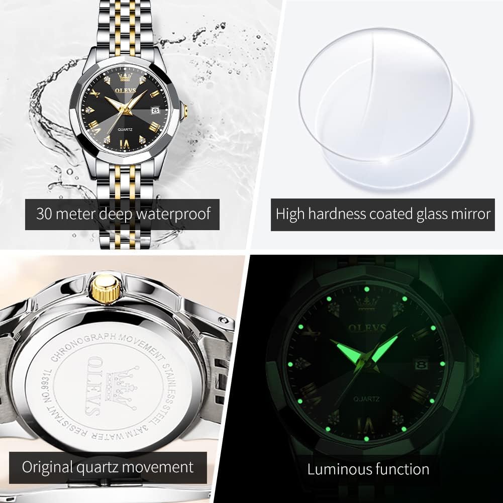 OLEVS Reloj Analógico de Cuarzo para Mujer, Acero Inoxidable Plateado de Dos Tonos, Moda, Resistente al Agua, Luminoso, con Fecha y Día, Relojes de Pulsera para Damas