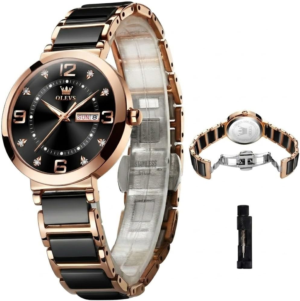 OLEVS Reloj para Mujer - Cara Pequeña, Correa de Cerámica y Acero Inoxidable, Lujo con Acentos Diamante, Elegante Reloj de Vestir para Damas, Resistente al Agua, Carga Luminosa de Cuarzo, Joyas Relojes Regalo para Mujeres