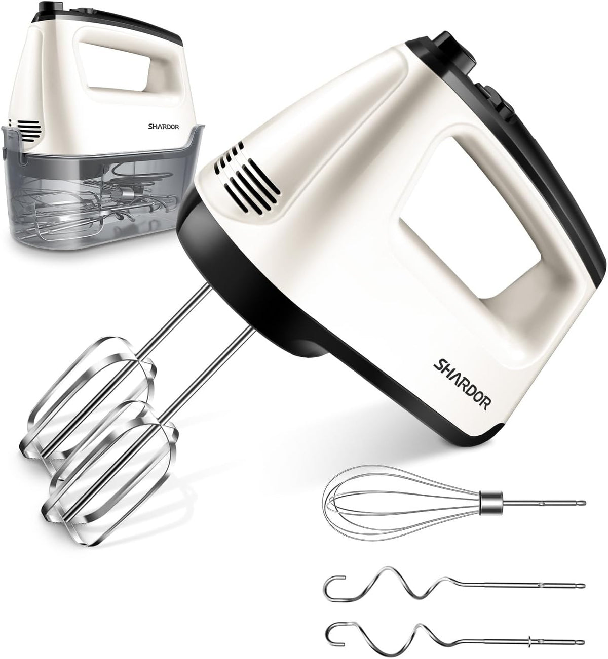 SHARDOR Batidora de mano eléctrica, 6 velocidades y turbo, mezclador eléctrico de mano, estuche de almacenamiento a presión, 5 accesorios de acero inoxidable para batir, mezclar galletas, brownie