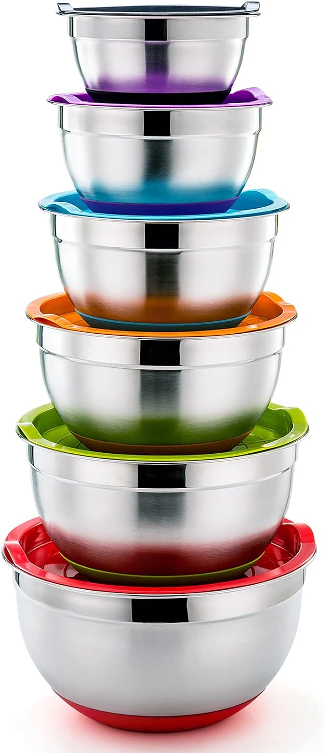 P&P CHEF Juego de 6 cuencos de acero inoxidable con tapas, multicolor