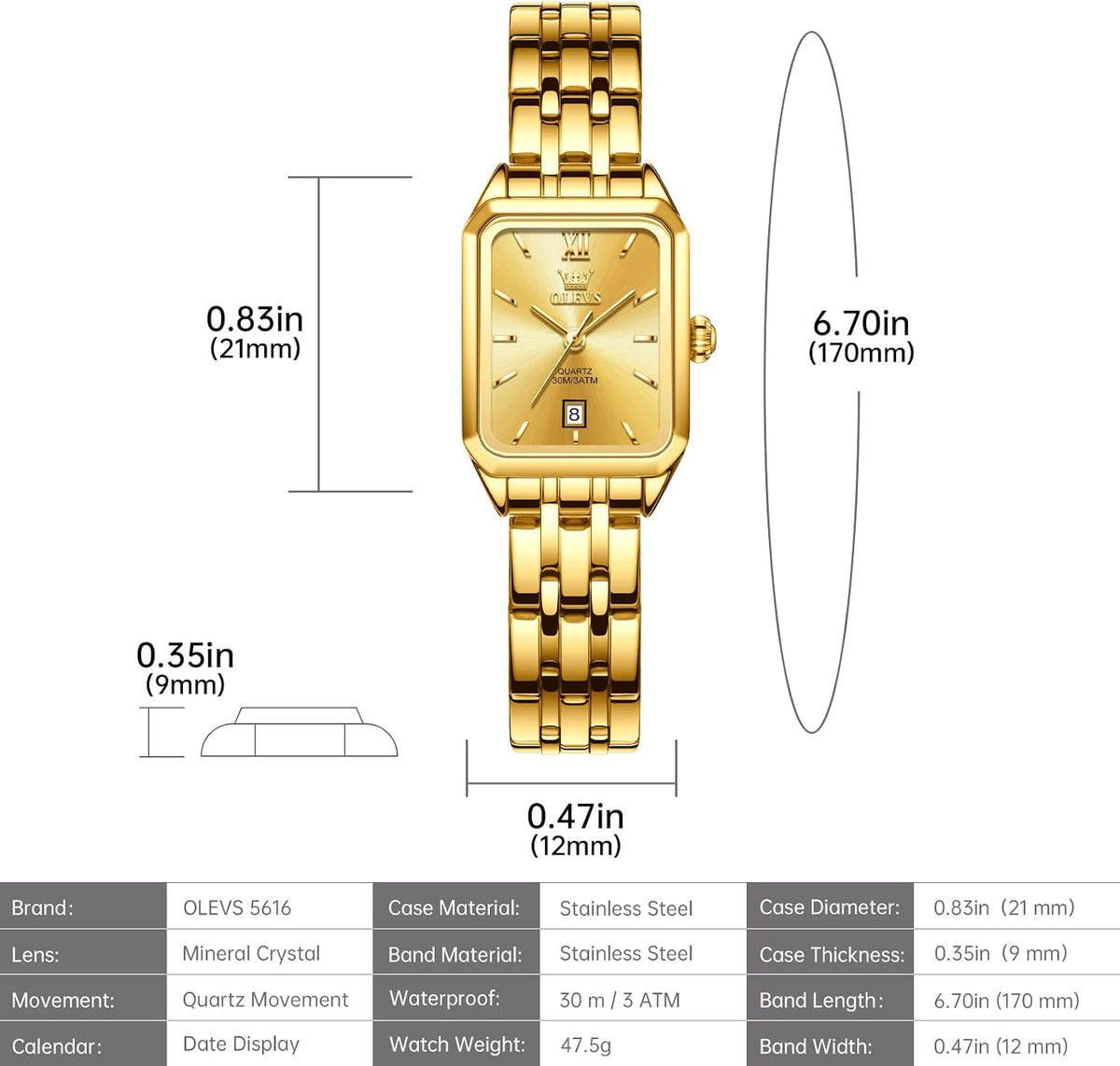 OLEVS Reloj de mujer de oro de acero inoxidable, reloj de cara cuadrada pequeña con decoración de diamantes, reloj de vestir de cuarzo analógico de lujo para mujer, reloj de pulsera impermeable con