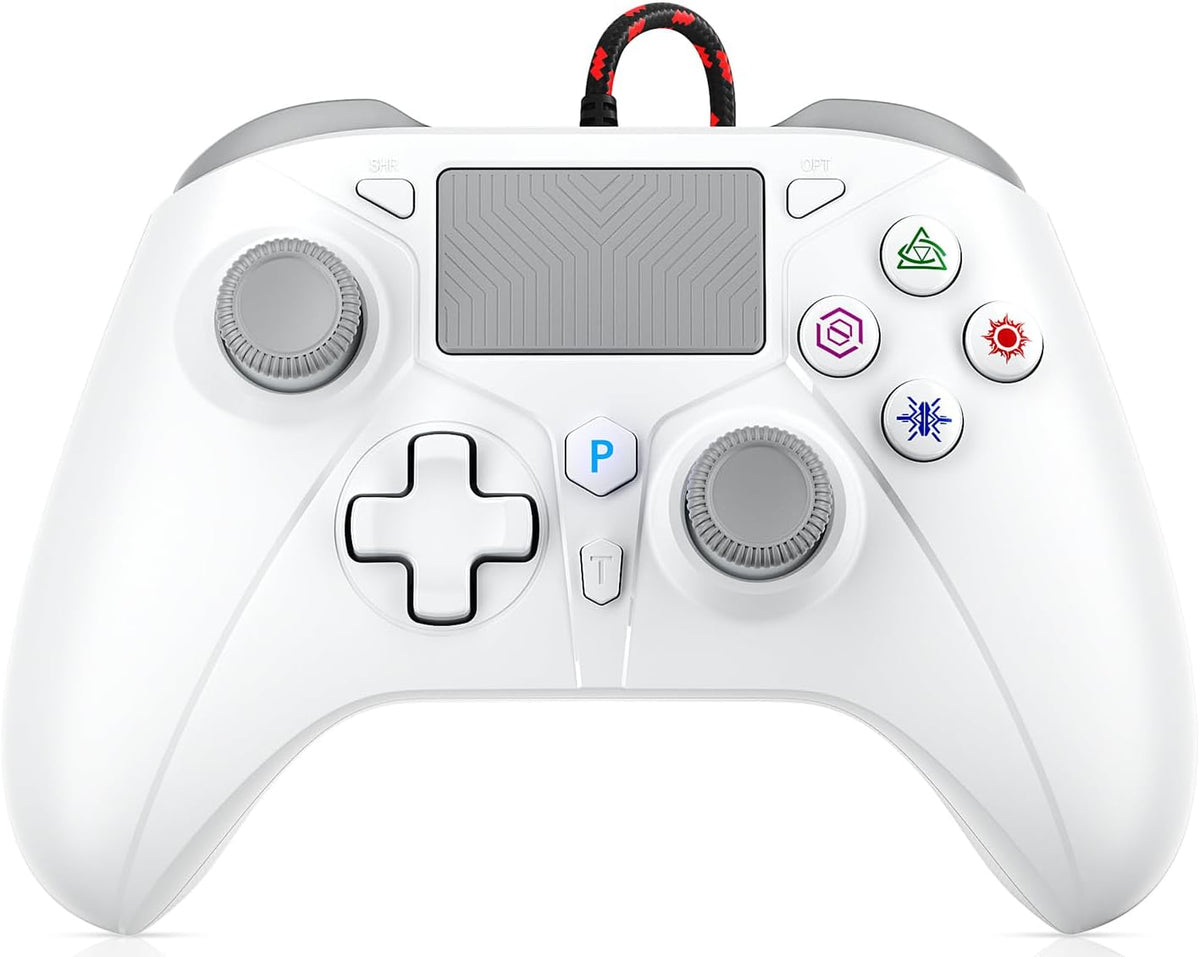 Dinosoo Controlador con cable de 10 pies, almohadilla táctil múltiple y botones traseros para PS5/PS4/PC - Turbo, Macro, conector de 0.1 in (blanco)