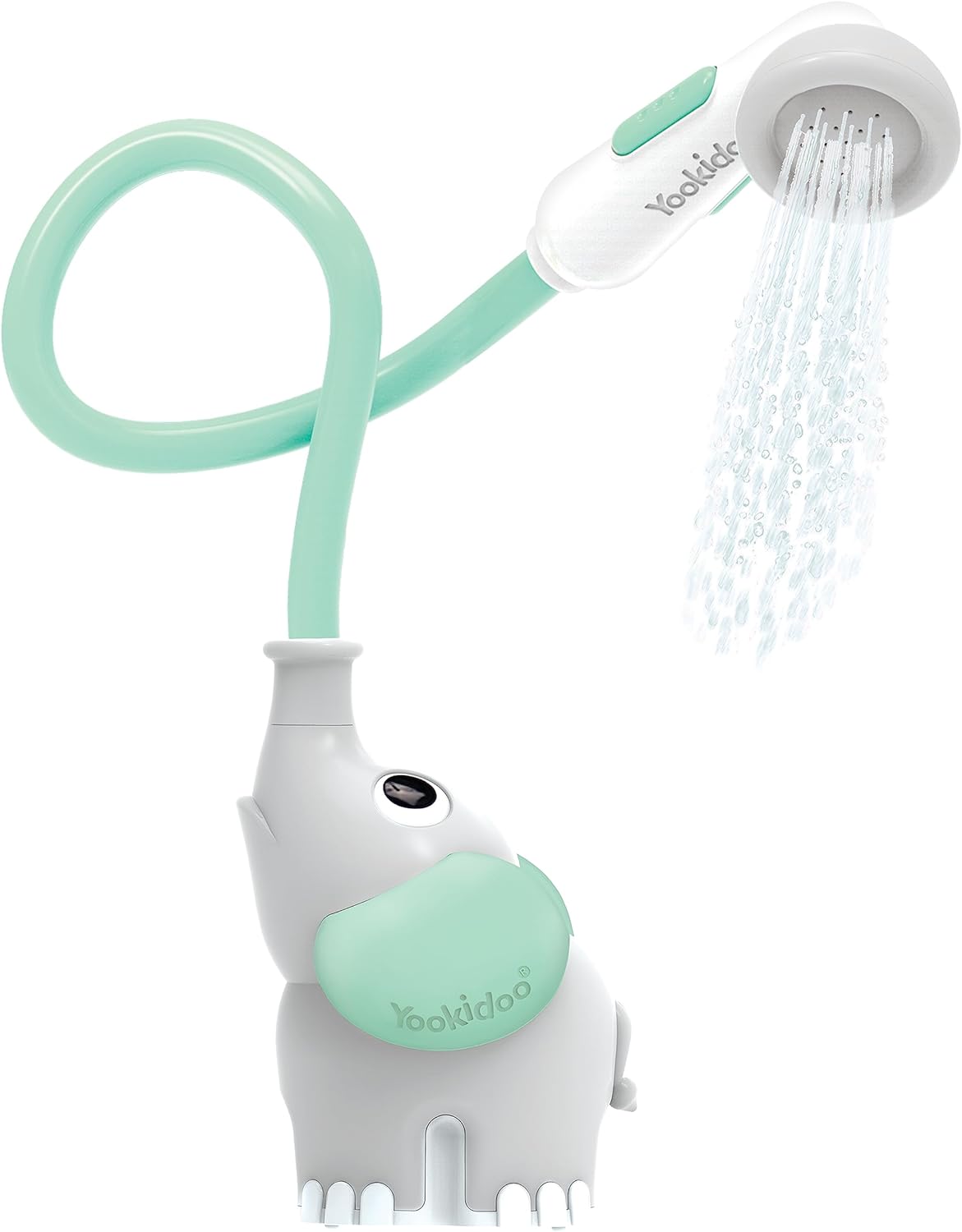 Yookidoo Cabezal de ducha para bebé, bomba de agua de elefante y rociador de boquilla para tronco, control de flujo con una sola mano para bebés recién nacidos en bañera o fregadero (turquesa)