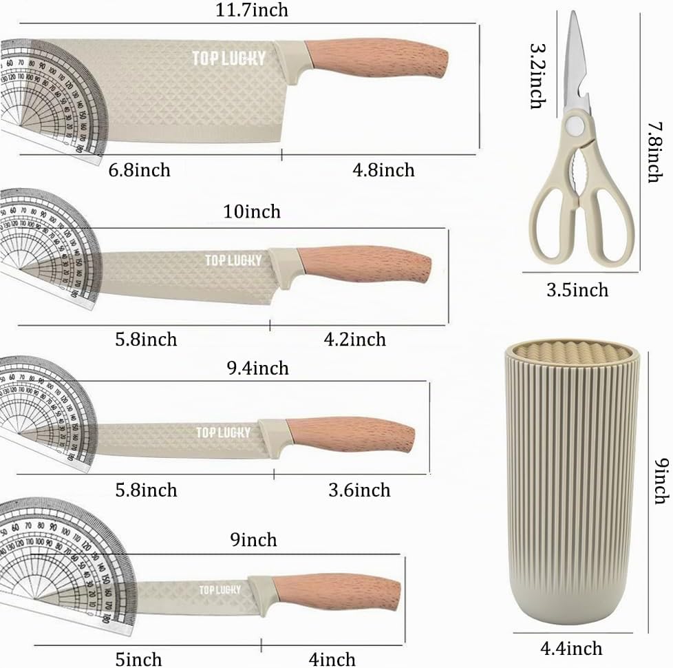 Wiztoynia - Juego de cuchillos de cocina de 6 piezas color caqui para el hogar, juego de cuchillos de chef afilados de acero inoxidable antiadherentes con bloque universal de cuchillos para cocina